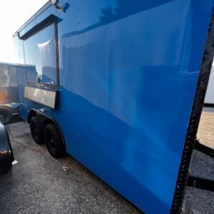 a blue trailer with wheels