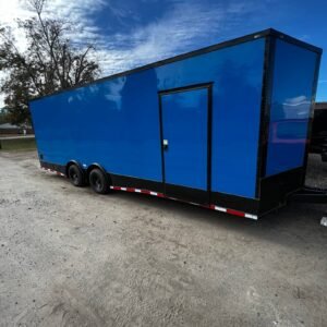 a blue trailer with a door